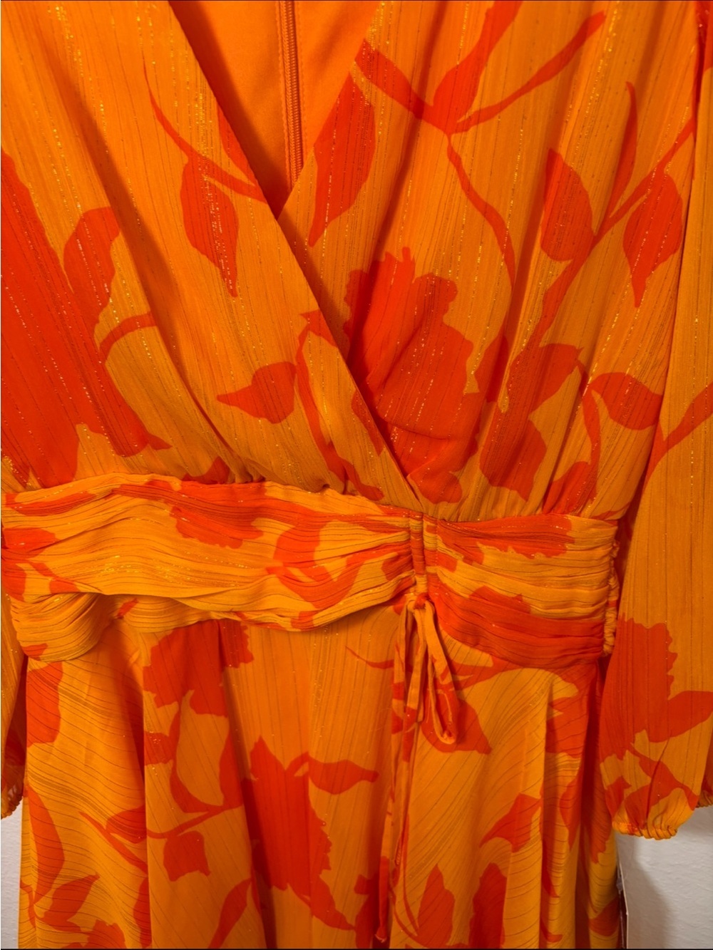 Maison Tara Orange Floral faux Wrap Mini long sleeve Dress - Picture 4 of 9